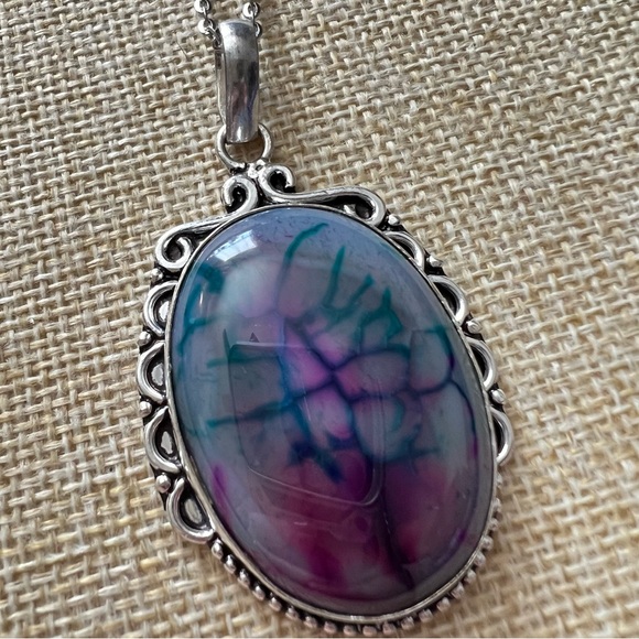 New Dragon Veined Agate Stone Silver Overlay Pendant Necklace - Picture 1 of 5